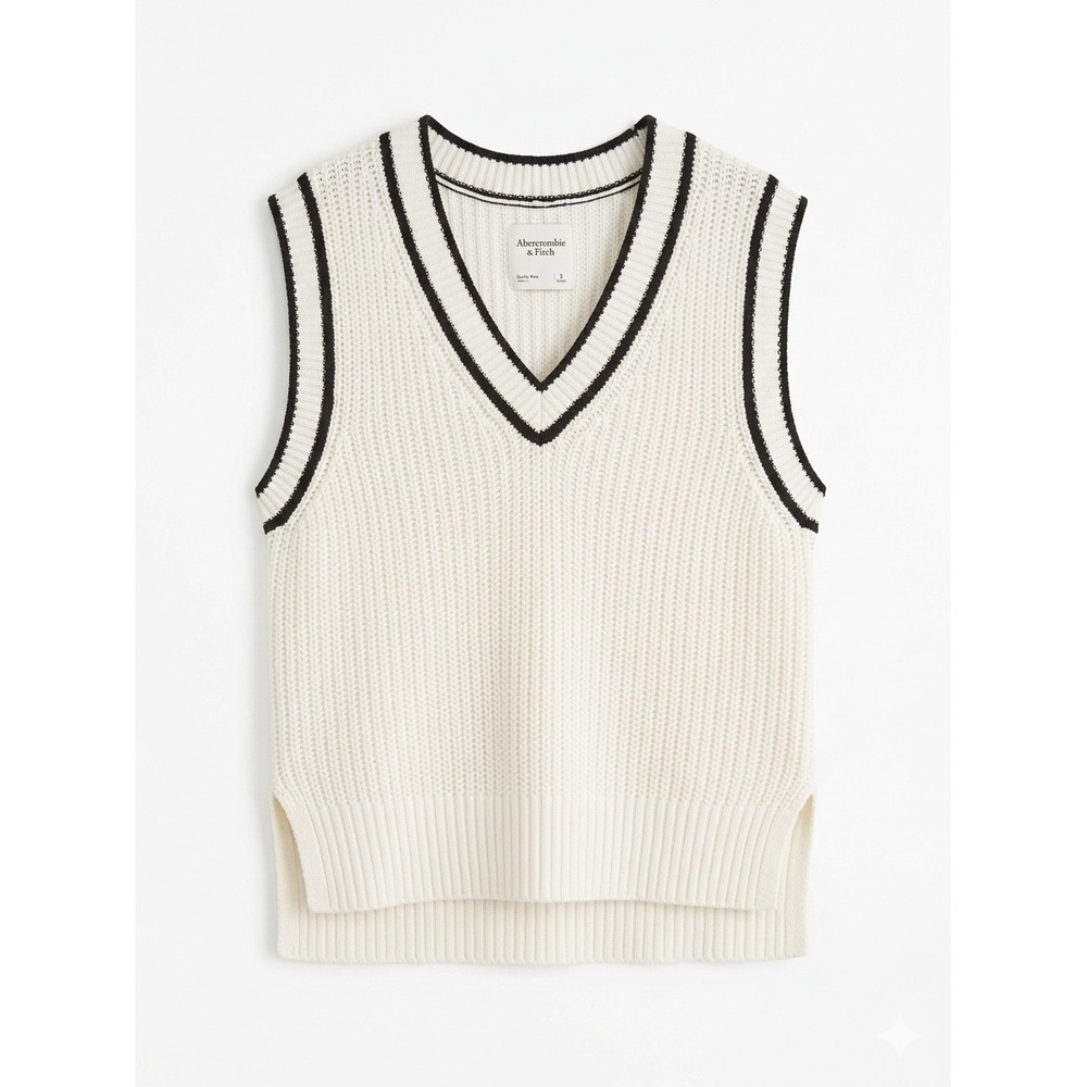 Abercrombie & Fitch Mens Cream Black Varsity V-Neck Sweater Vest150-490-1578-101